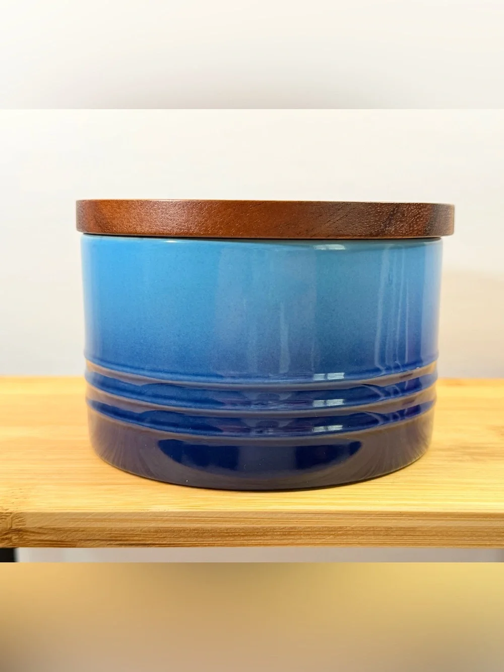2 Le Creuset Stoneware Signature Storage Canister Wood Lid 16oz ~ AZURE BLUE